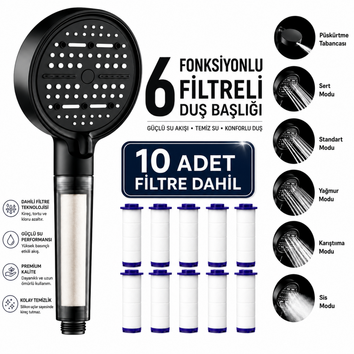 6 Fonksiyonlu Filtreli Duş Başlığı + 10 Adet Filtre