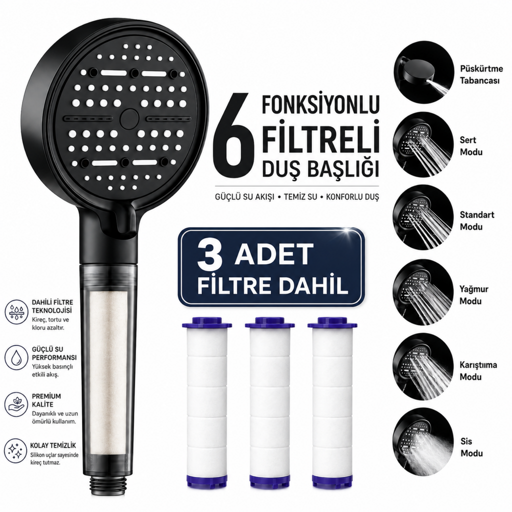 6 Fonksiyonlu Filtreli Duş Başlığı + 3 Adet Filtre