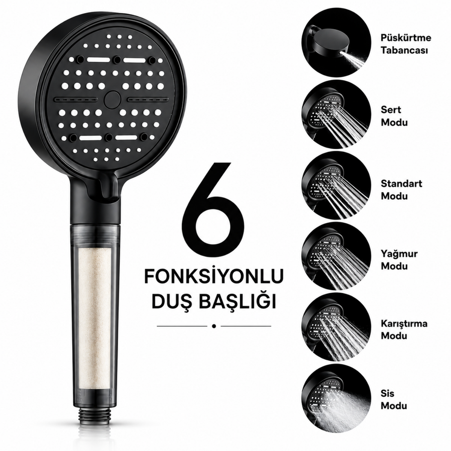 6 Fonksiyonlu Filtreli Siyah Duş Başlığı