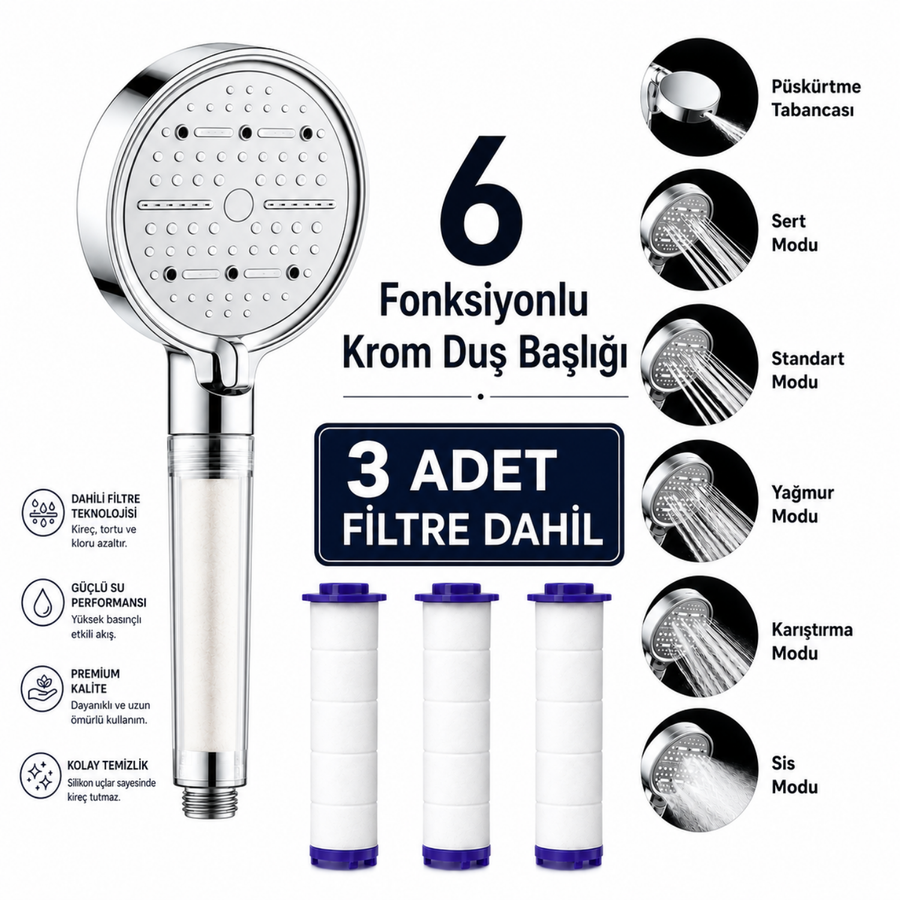 6 Fonksiyonlu Krom Duş Başlığı ve 3 Adet Filtre