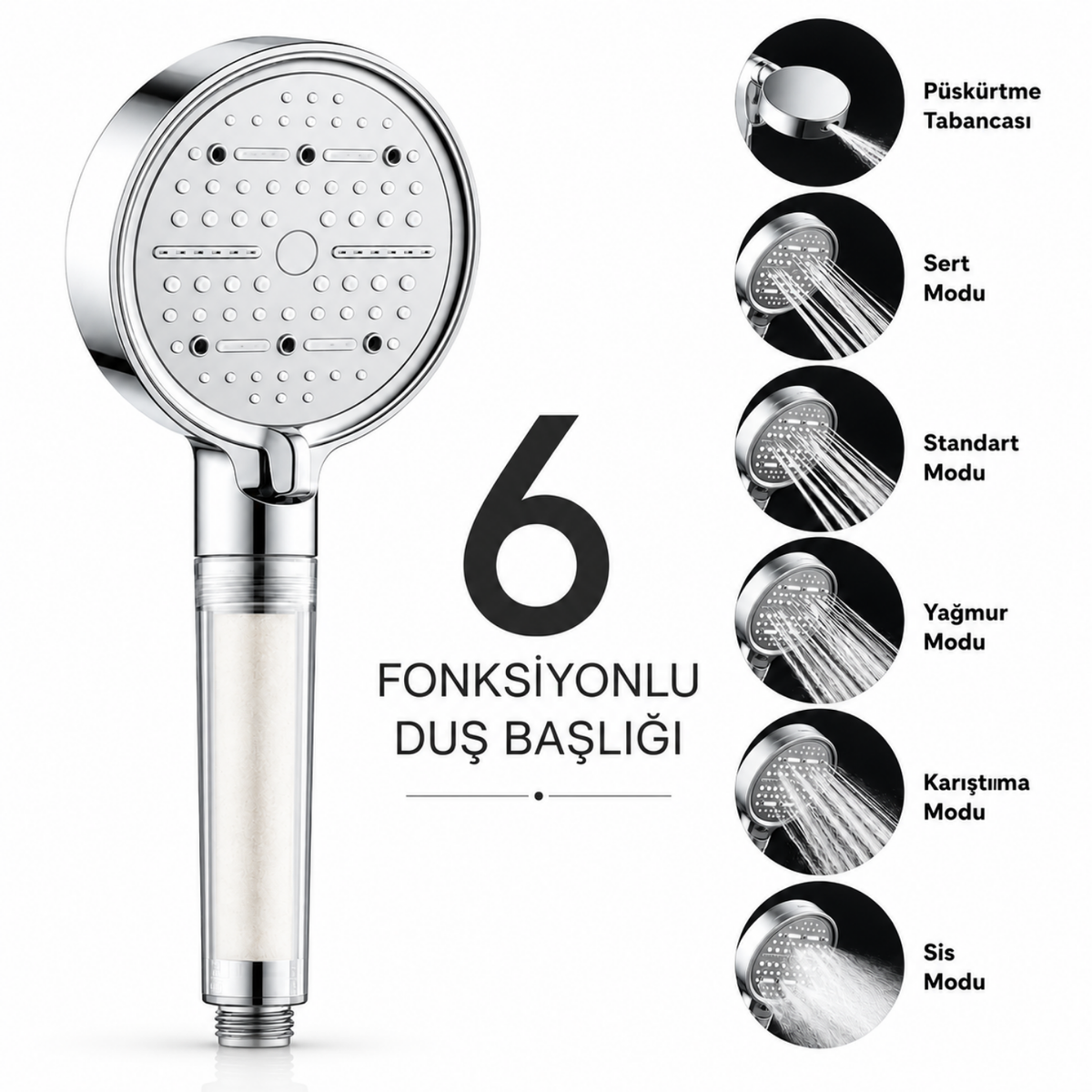 6 Fonksiyonlu Filtreli Krom Duş Başlığı