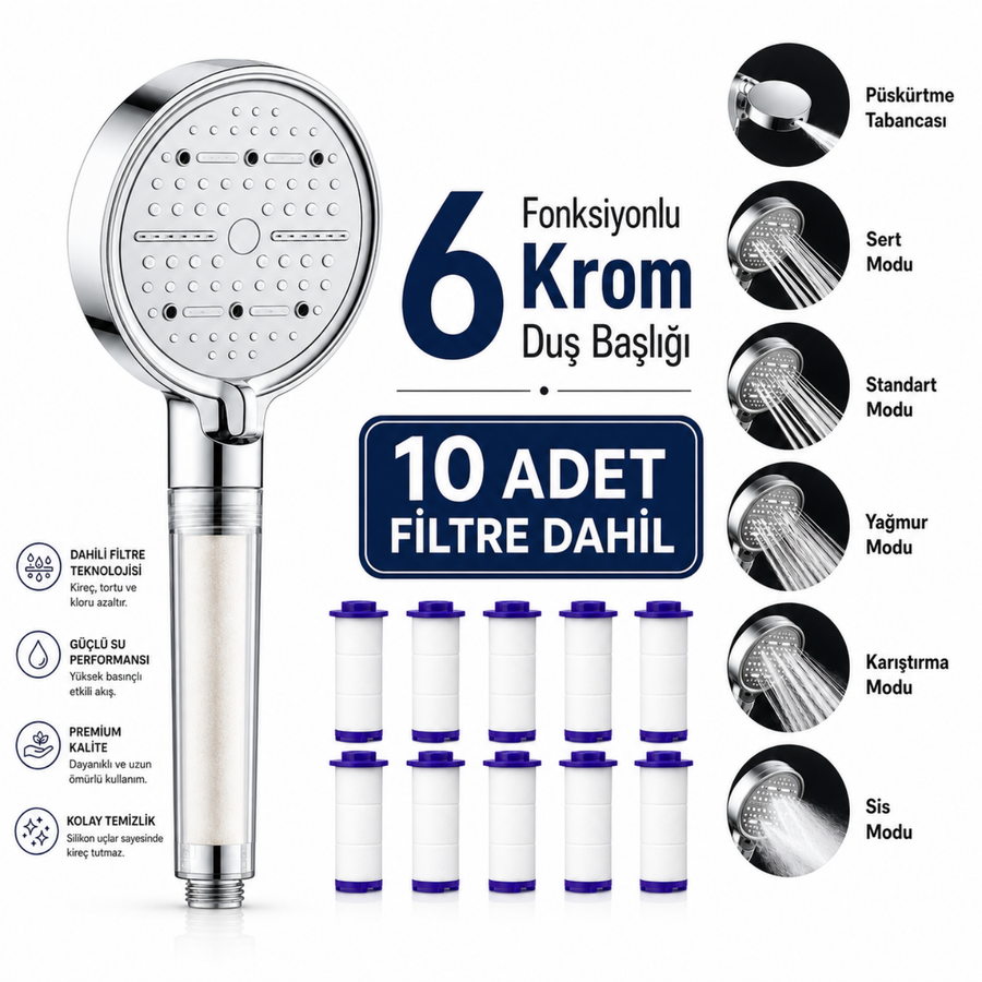 6 Fonksiyonlu Krom Duş Başlığı ve 10 Adet Filtre