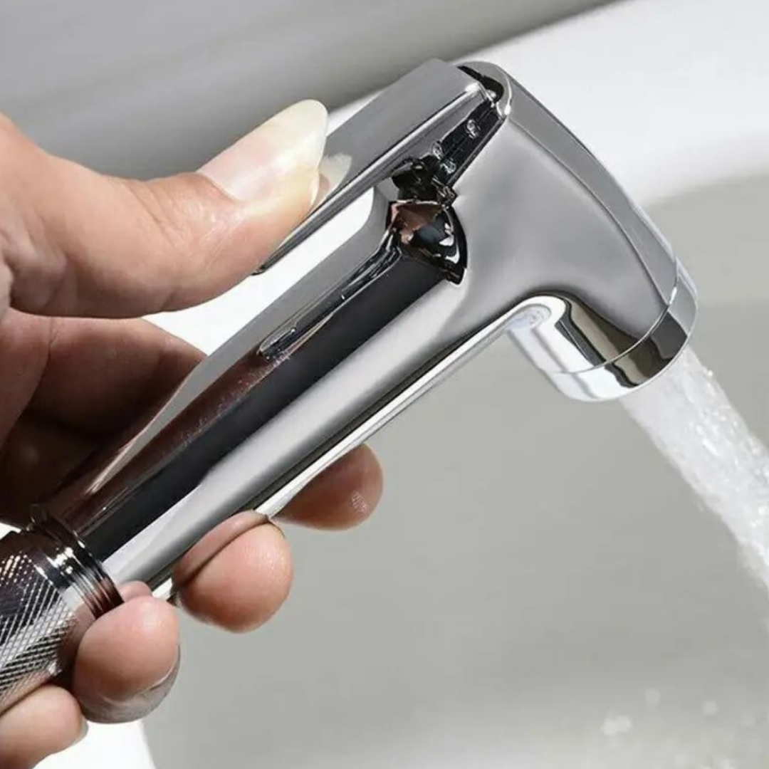 Krom Basınçlı Taharetmatik Seti – Metal Duş Tabancası & 1.5 m Hortum + Askı Dahil