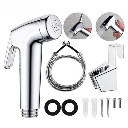 Krom Basınçlı Taharetmatik Seti – Metal Duş Tabancası & 1.5 m Hortum + Askı Dahil